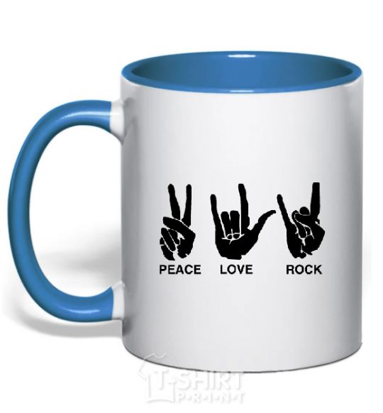 Mug with a colored handle PEACE LOVE ROCK royal-blue фото