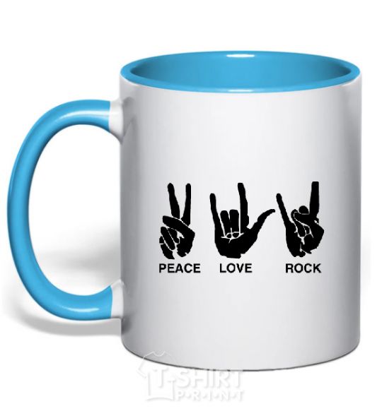 Mug with a colored handle PEACE LOVE ROCK sky-blue фото