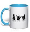 Mug with a colored handle PEACE LOVE ROCK sky-blue фото