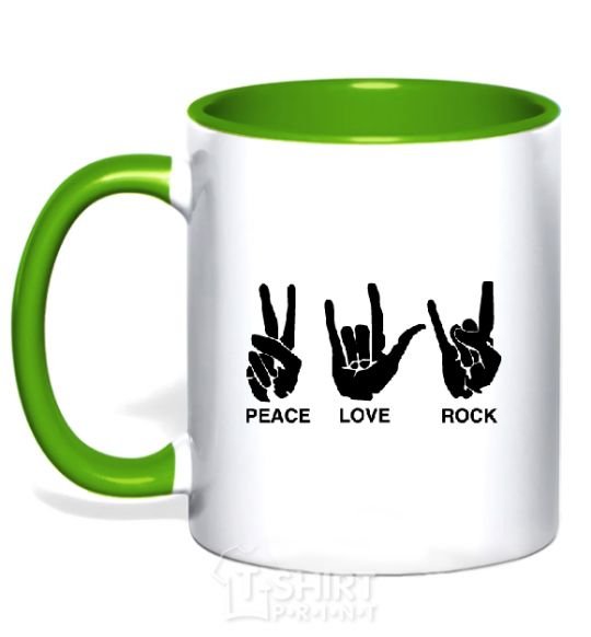 Mug with a colored handle PEACE LOVE ROCK kelly-green фото