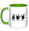 Mug with a colored handle PEACE LOVE ROCK kelly-green фото