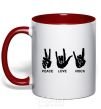Mug with a colored handle PEACE LOVE ROCK red фото