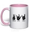 Mug with a colored handle PEACE LOVE ROCK light-pink фото