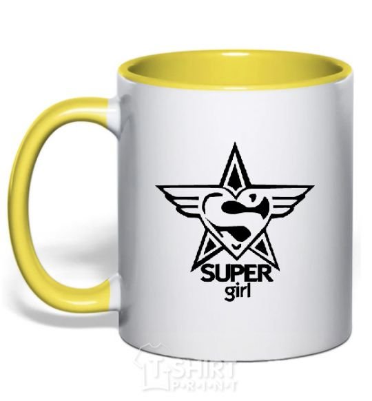 Mug with a colored handle SUPER GIRL b&w image yellow фото