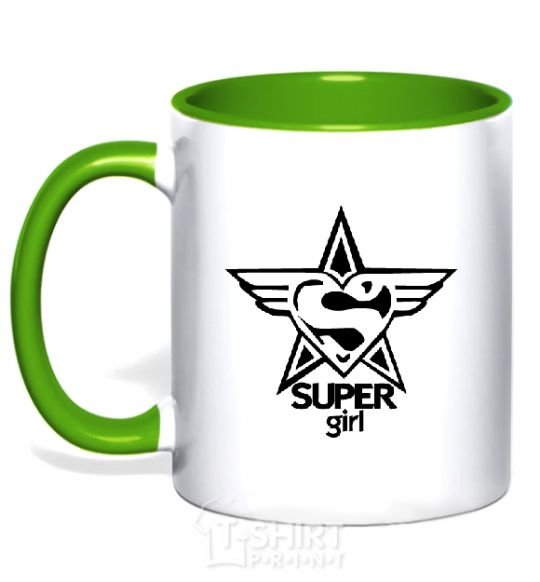 Mug with a colored handle SUPER GIRL b&w image kelly-green фото