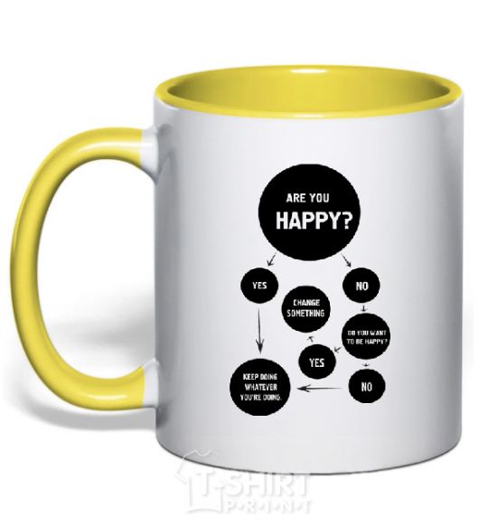 Mug with a colored handle ARE YOU HAPPY? yellow фото