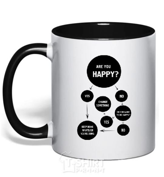 Mug with a colored handle ARE YOU HAPPY? black фото