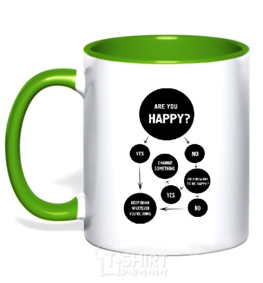 Mug with a colored handle ARE YOU HAPPY? kelly-green фото