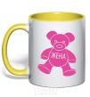 Mug with a colored handle Wife in a bear yellow фото