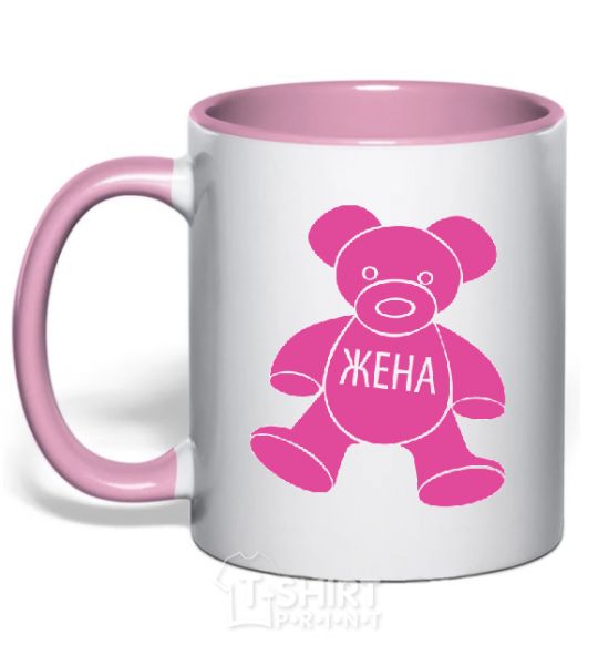 Mug with a colored handle Wife in a bear light-pink фото