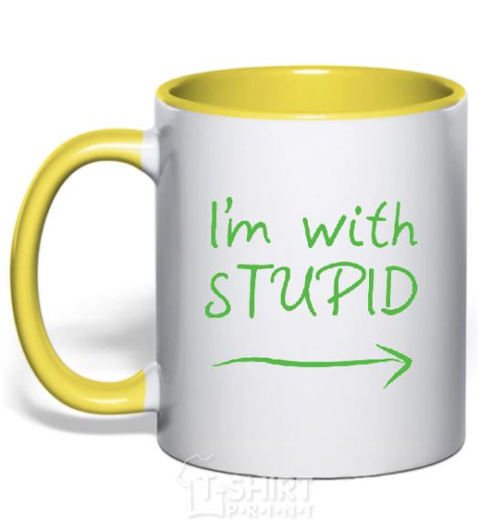 Mug with a colored handle I'M WITH STUPID yellow фото