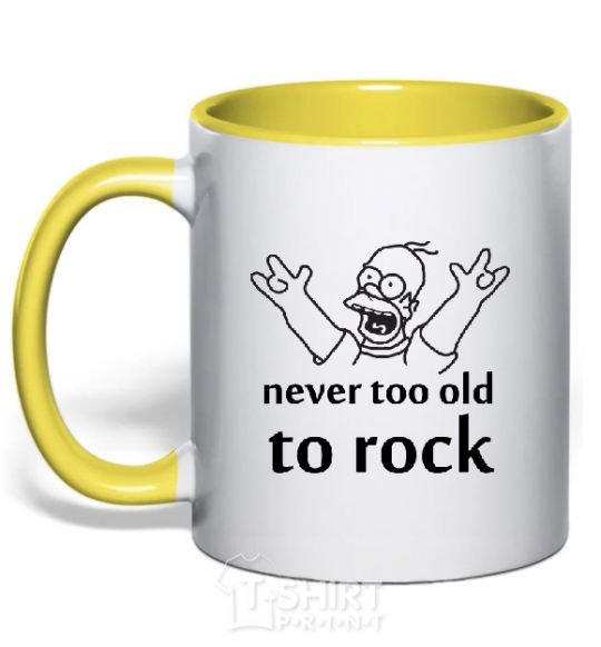 Mug with a colored handle Homer Never too old to rock yellow фото