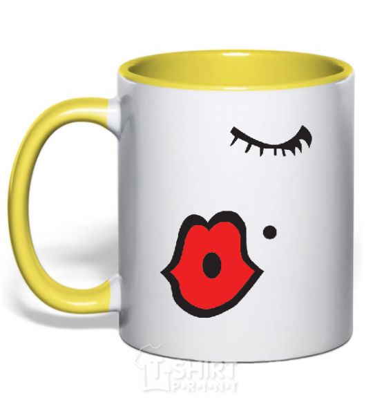 Mug with a colored handle KISS - women lips yellow фото