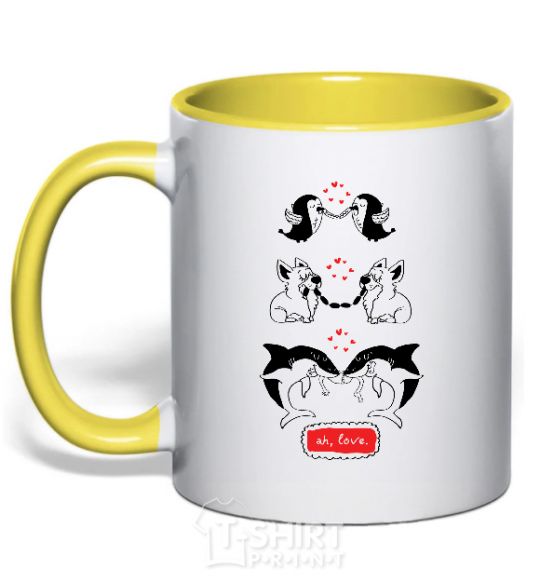 Mug with a colored handle AH LOVE yellow фото