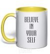 Mug with a colored handle BELIEVE IN YOURSELF yellow фото