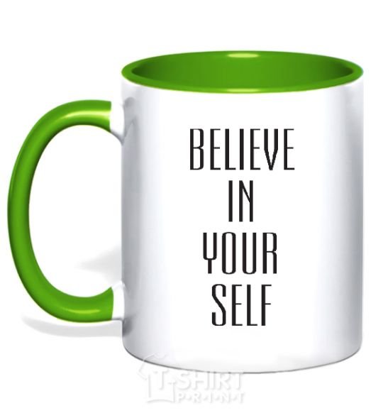 Mug with a colored handle BELIEVE IN YOURSELF kelly-green фото