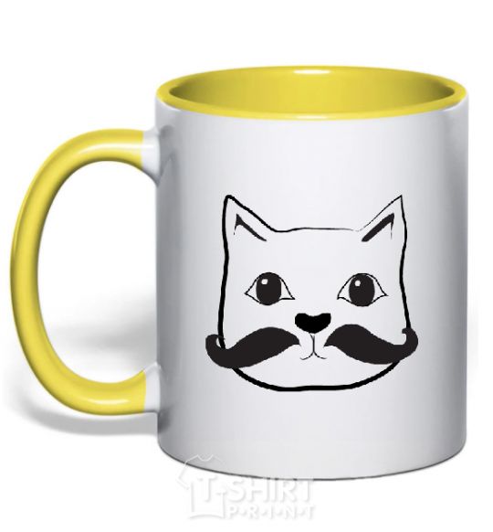 Mug with a colored handle CAT WITH A MUSTACHE yellow фото