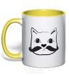 Mug with a colored handle CAT WITH A MUSTACHE yellow фото