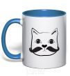 Mug with a colored handle CAT WITH A MUSTACHE royal-blue фото