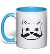 Mug with a colored handle CAT WITH A MUSTACHE sky-blue фото