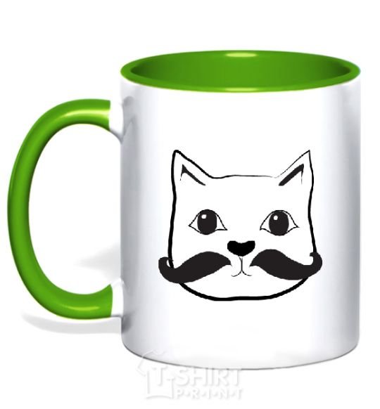 Mug with a colored handle CAT WITH A MUSTACHE kelly-green фото