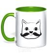 Mug with a colored handle CAT WITH A MUSTACHE kelly-green фото