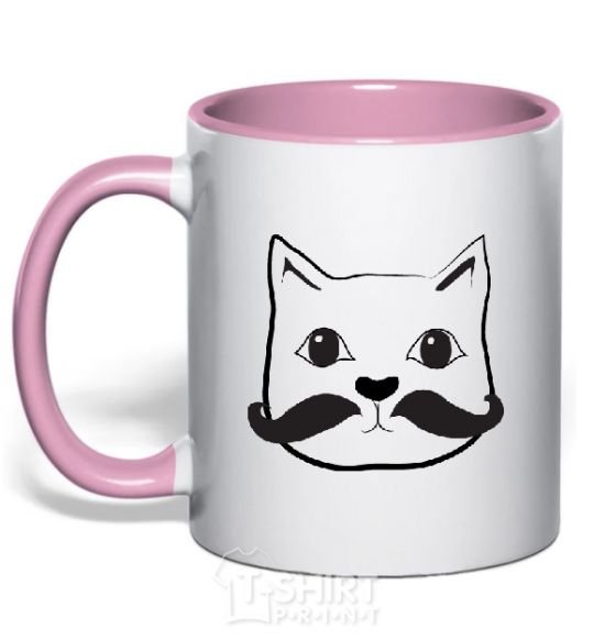 Mug with a colored handle CAT WITH A MUSTACHE light-pink фото