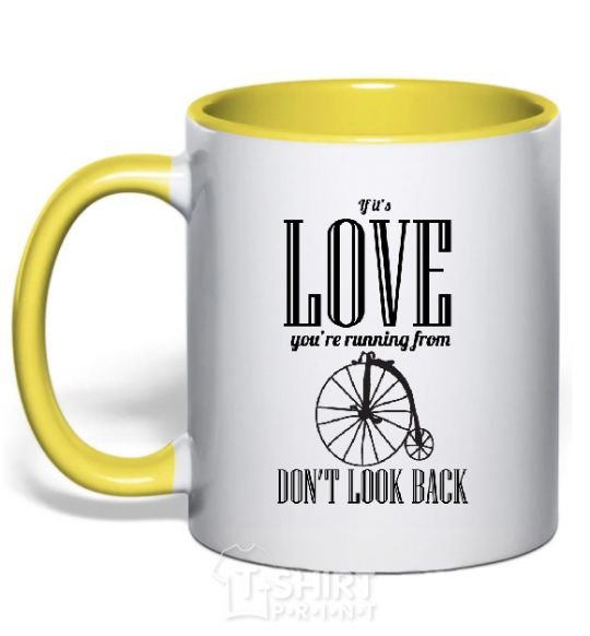 Mug with a colored handle DON'T LOOK BACK yellow фото