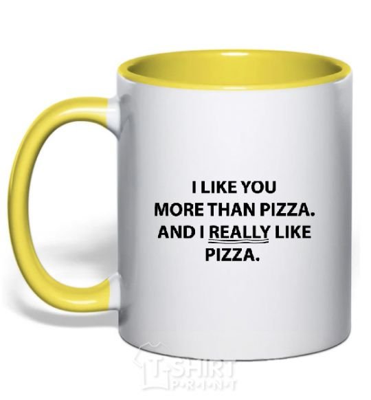 Mug with a colored handle I REALLY LIKE PIZZA yellow фото