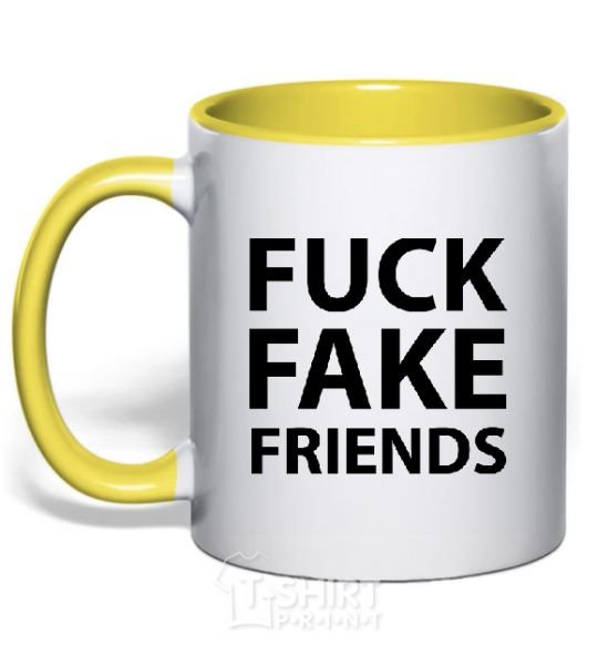 Mug with a colored handle FUCK FAKE FRIENDS yellow фото