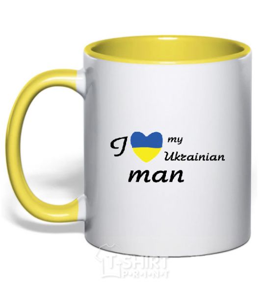 Mug with a colored handle I love my Ukrainian man yellow фото