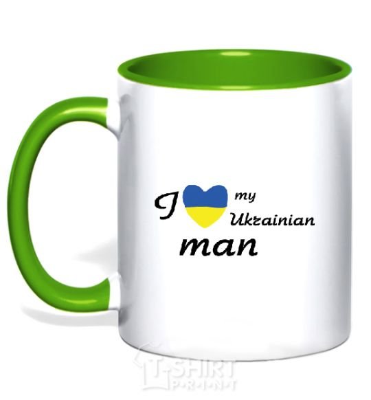 Mug with a colored handle I love my Ukrainian man kelly-green фото