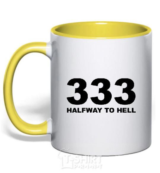 Mug with a colored handle 333 Halfway to hell yellow фото