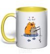 Mug with a colored handle I LOVE MY DAD fishing yellow фото