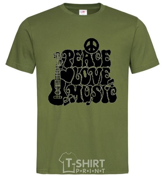Мужская футболка Надпись PEACE LOVE MUSIC Оливковый фото