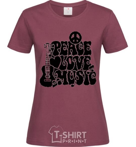 Women's T-shirt The inscription PEACE LOVE MUSIC burgundy фото