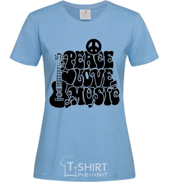 Women's T-shirt The inscription PEACE LOVE MUSIC sky-blue фото