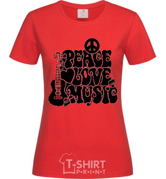 Women's T-shirt The inscription PEACE LOVE MUSIC red фото