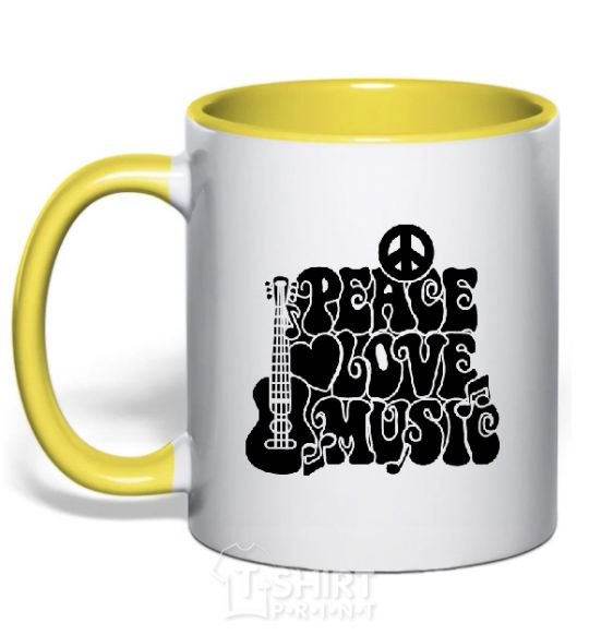 Mug with a colored handle The inscription PEACE LOVE MUSIC yellow фото