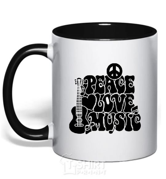 Mug with a colored handle The inscription PEACE LOVE MUSIC black фото