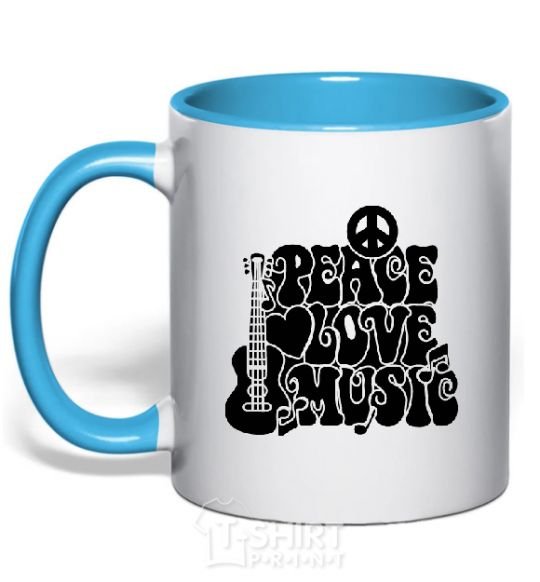 Mug with a colored handle The inscription PEACE LOVE MUSIC sky-blue фото