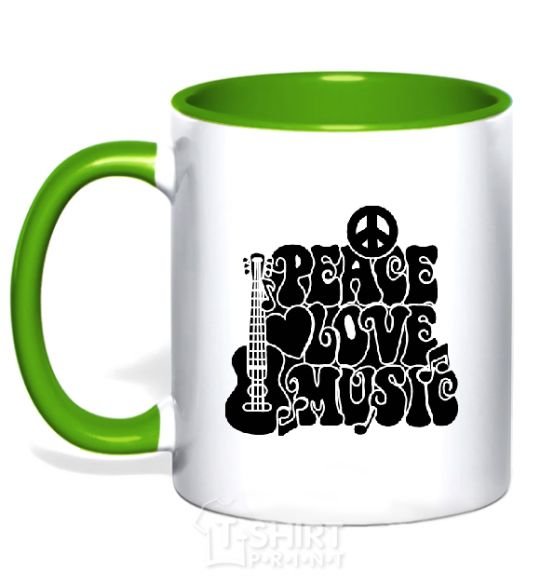 Mug with a colored handle The inscription PEACE LOVE MUSIC kelly-green фото