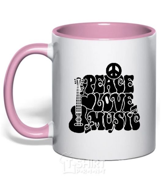 Mug with a colored handle The inscription PEACE LOVE MUSIC light-pink фото