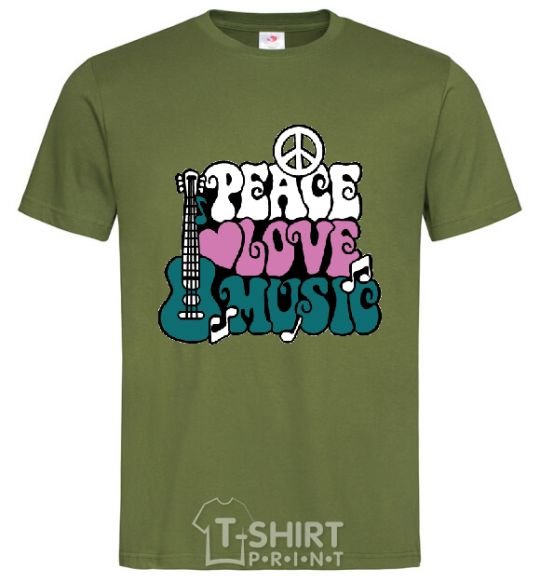 Мужская футболка Peace love music multicolour Оливковый фото