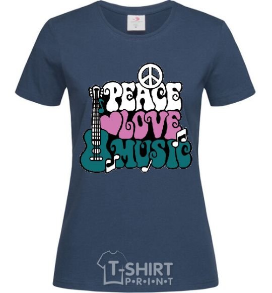 Women's T-shirt Peace love music multicolour navy-blue фото
