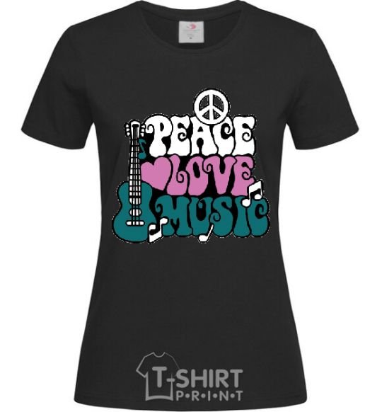 Women's T-shirt Peace love music multicolour black фото