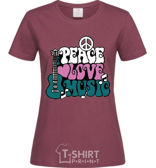 Women's T-shirt Peace love music multicolour burgundy фото