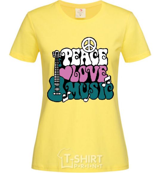Women's T-shirt Peace love music multicolour cornsilk фото