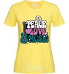 Women's T-shirt Peace love music multicolour cornsilk фото