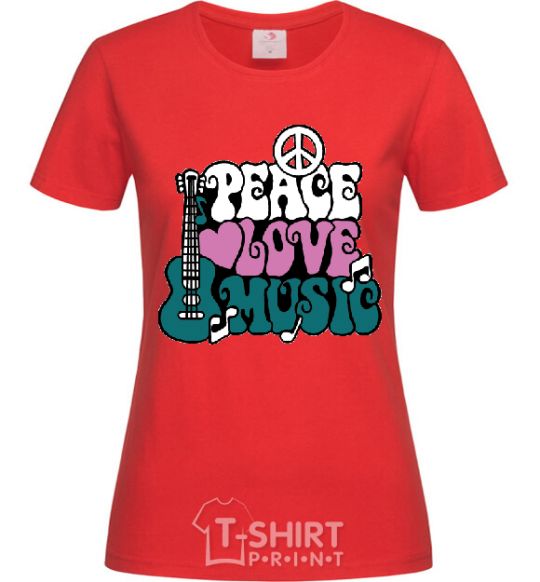 Женская футболка Peace love music multicolour Красный фото